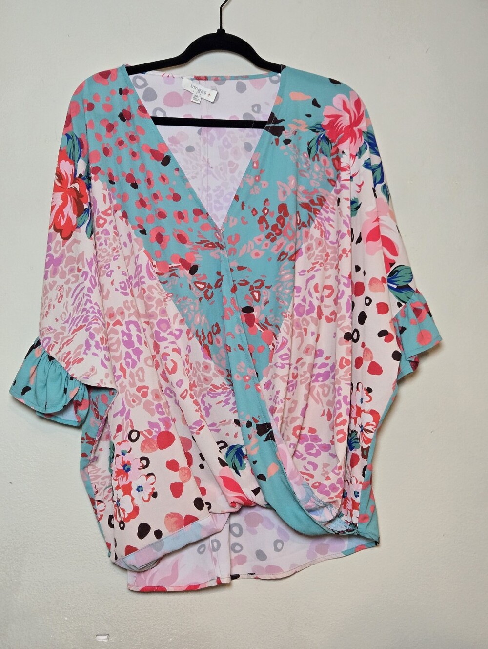 Umgee Floral Wrap V-Neck Blouse in Pink & Teal - Picture 2 of 3